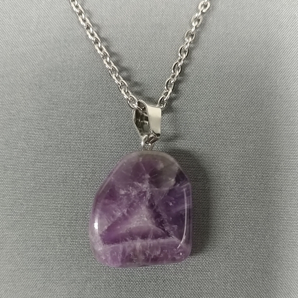Chevron Purple Amethyst Necklace Natural Gemstone Pendant Stainless-Steel Chain - Picture 6 of 17